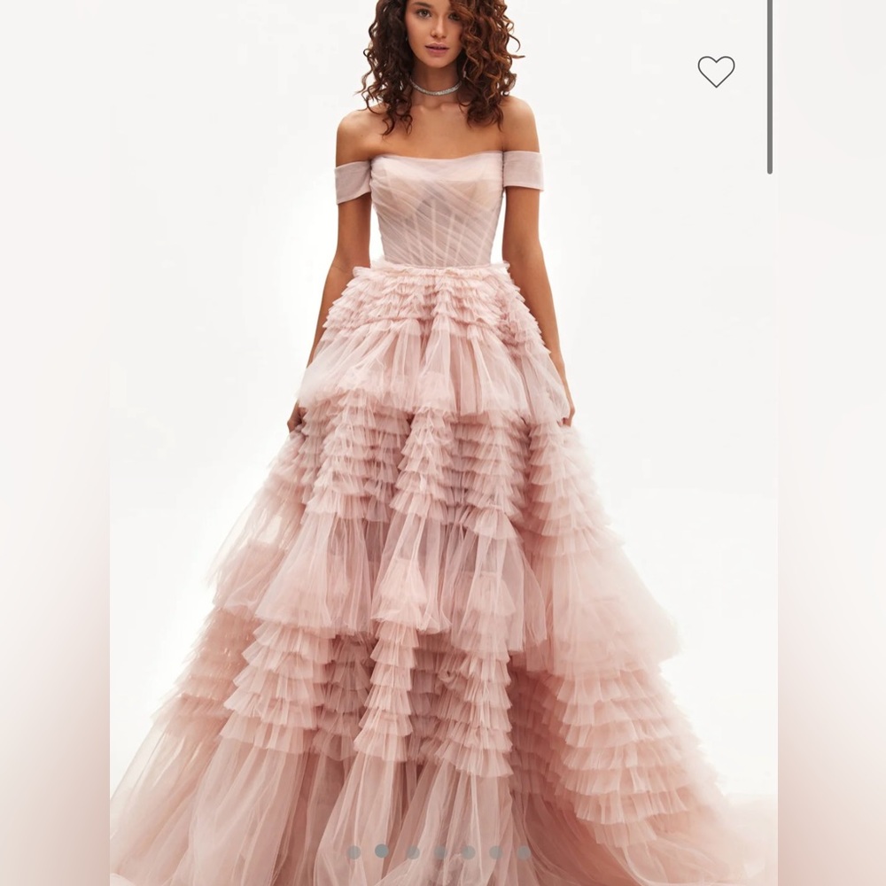 Misty Rose Off-The-Shoulder Frill-Layered Gown